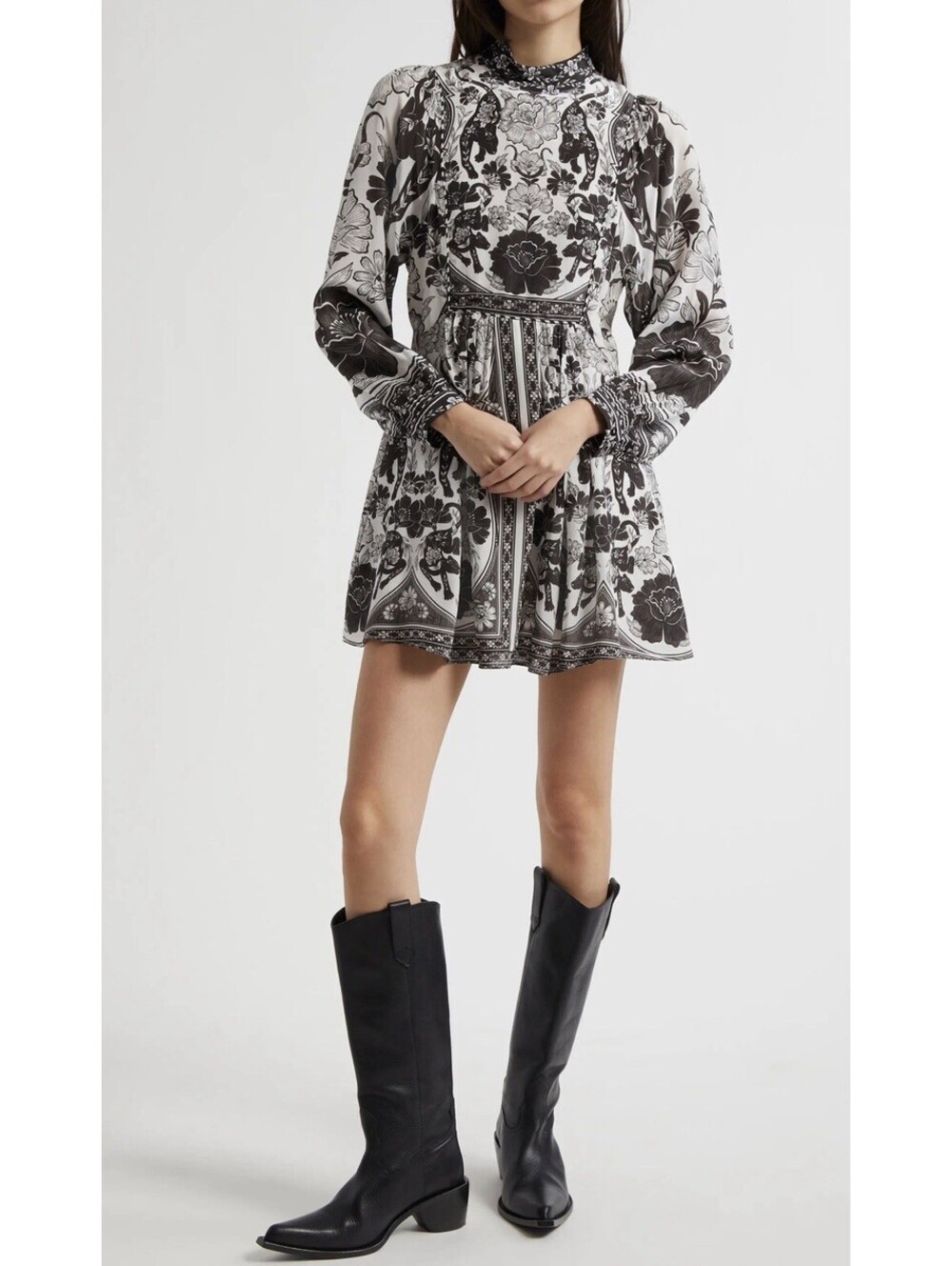 New Farm Rio Flower Leopards Long Sleeve Dress In White Black Size L $259
